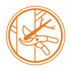 Circular orange icon of shears trimming a branch to illustrate professional tree canopy cleaning.