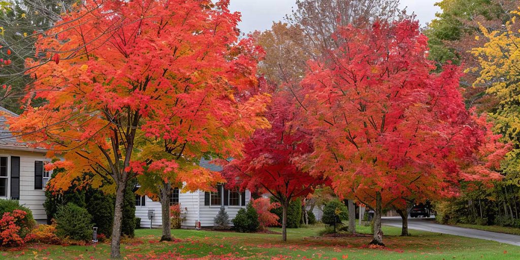 Vibrant red maple trees with bright autumn leaves line a residential yard in Jessup, showcasing healthy, beautiful seasonal foliage.