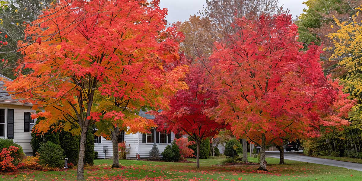 Vibrant red maple trees with bright autumn leaves line a residential yard in Jessup, showcasing healthy, beautiful seasonal foliage.